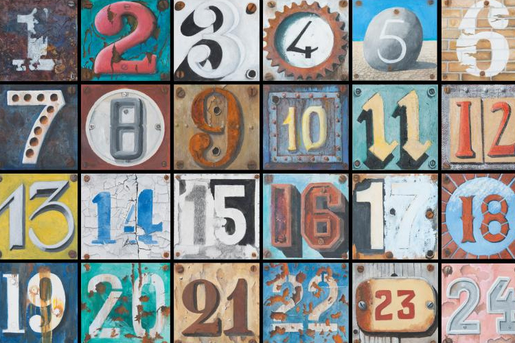 números del 1 al 24, agrupados en cuatro líenas de seis, y con diferentes formas, tipografías y colores