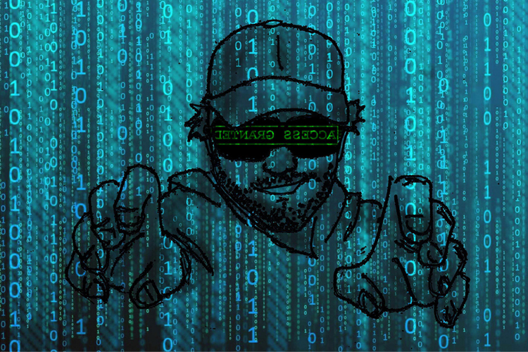 Retrato dibujado de un sujeto con gorra y gafas oscuras extendiendo las manos como para teclear, sobre un fondo de códigos binarios dispuestos verticalmente