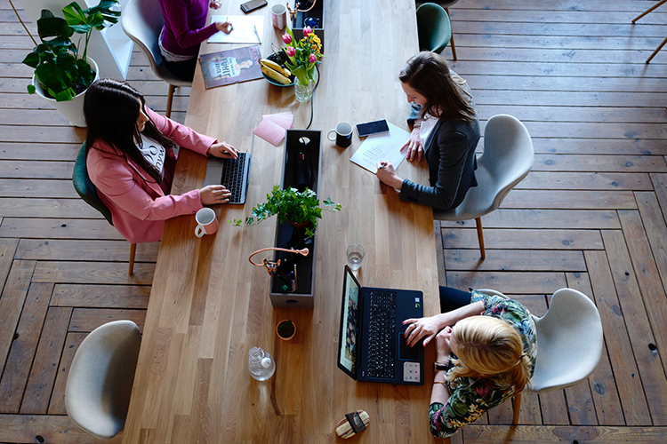 [fotografía] varias personas trabajando con computadores a ambos lados de una mesa alargada