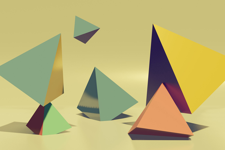 [dibujo digital] figuras poliédricas de distintos colores en forma de pirámide flotando en el espacio