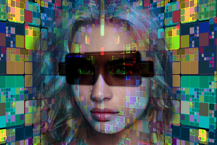 [fotografía] avatar de mujer con gafas oscuras sobre un fondo tridimensional pixelado multicolor